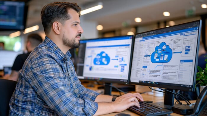 Realistic Cloud Computing Cost Optimization Diagram Displayed Across Multiple Monitors In A Software Engineering Office, Diagram Showing Applications Connecting To Elastic Compute Instances, Automat