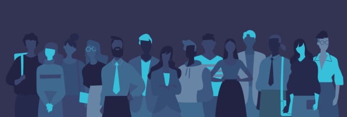 Silhouette Di Giovani Persone, Professionisti E Studenti Sullo Sfondo Scuro