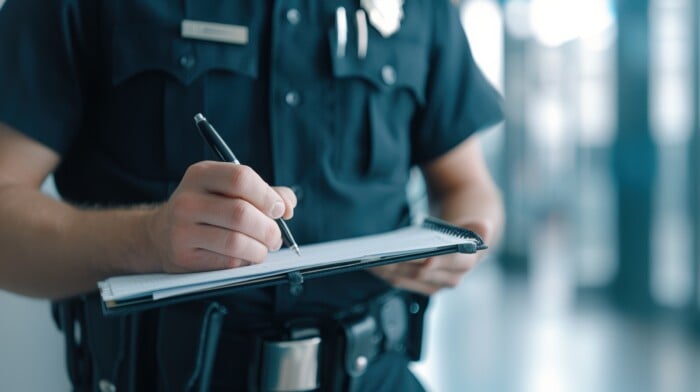 A Police Officer Writes Notes On A Clipboard, Showcasing Law Enforcement Duties In A Modern Environment.