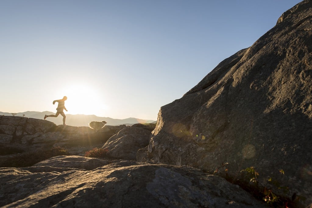 Trail Runner And His Dog At Sunset High Above North Conway, New Hampshire On South Moat Mountain.