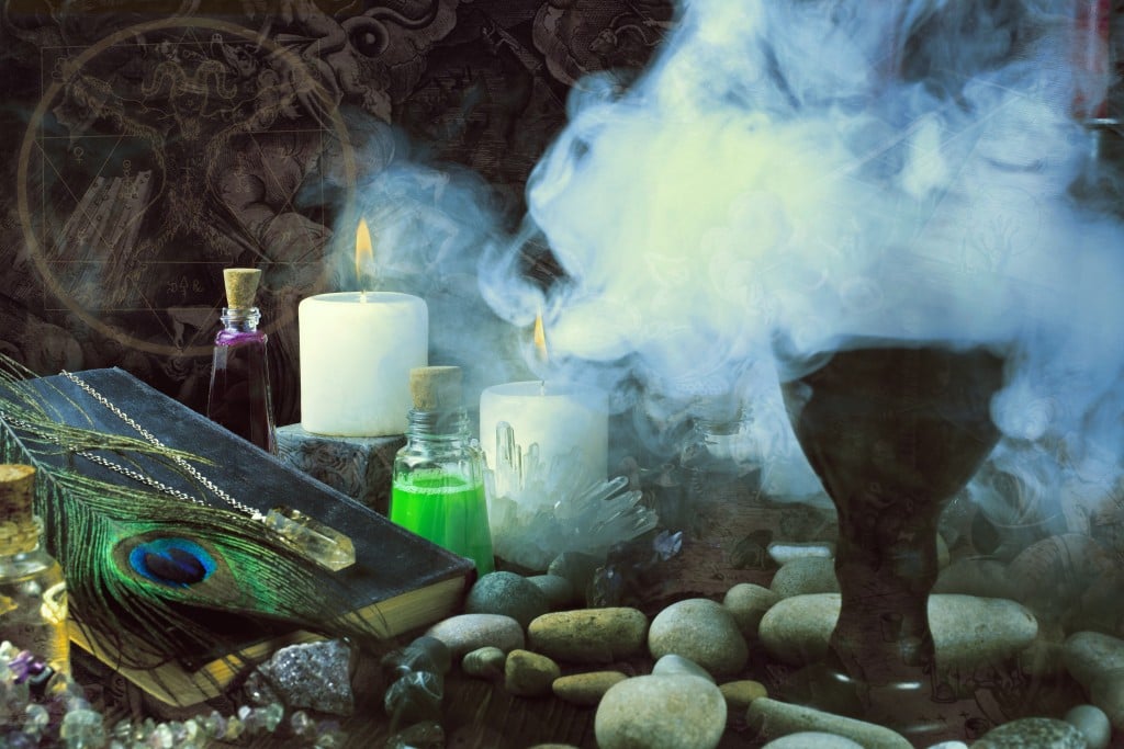 Magic Potion, Book, Crystals, Stones And Candles With Smoke