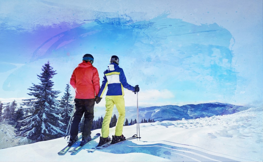 Back View Of Couple Skiers Resting During Skiing On Sunny Winter Day, Enjoying Wonderful Beauty Of Nature At Ski Resort