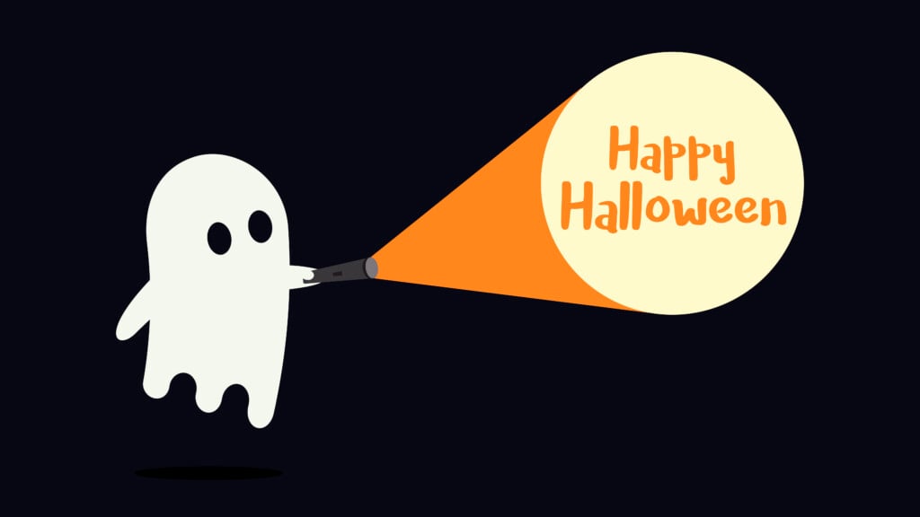 Cute Ghost Character Just Found The Happy Halloween Message With His Flashlight