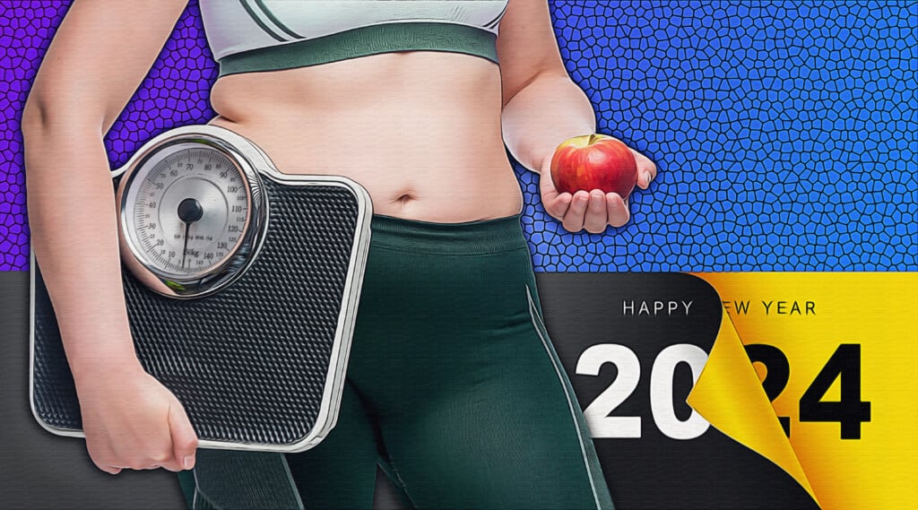 Fat Woman With Weights And An Apple Makes A Choice In Favor Of Sports And Healthy Eating Concept Photo