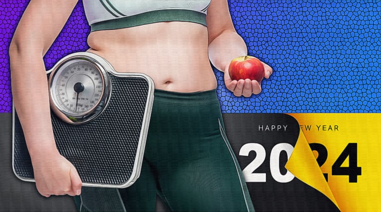Fat Woman With Weights And An Apple Makes A Choice In Favor Of Sports And Healthy Eating Concept Photo