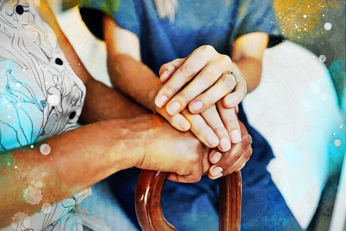 Support, Nurse And Holding Hands With Senior Patient For Hope, Empathy And Healthcare. Medical, Compassion And Kindness With Closeup Of People In Nursing Home For Volunteer, Help And Retirement