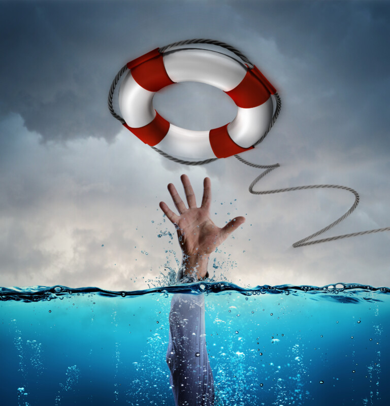 Rescue Concept Lifesaver As Aid Of Businessman Drowning