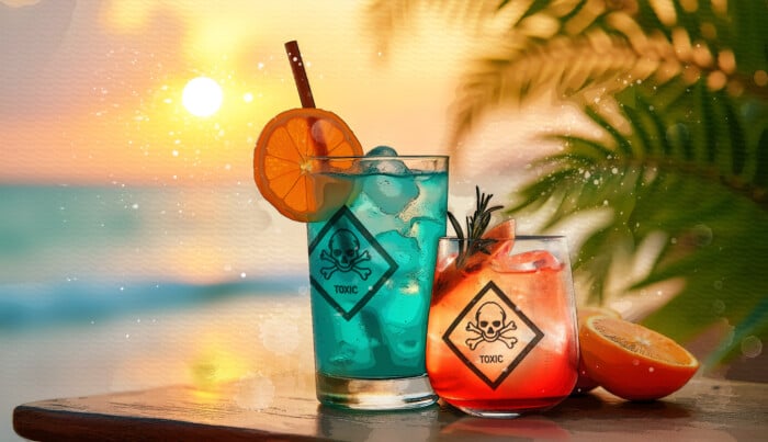 The Blue Lagoon Cocktail Stands On The Beach Near The Ocean In T