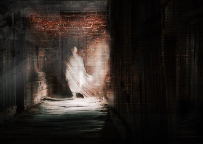 A Ghostly Figure Is Standing In A Dark Room. Ai Generative Image.