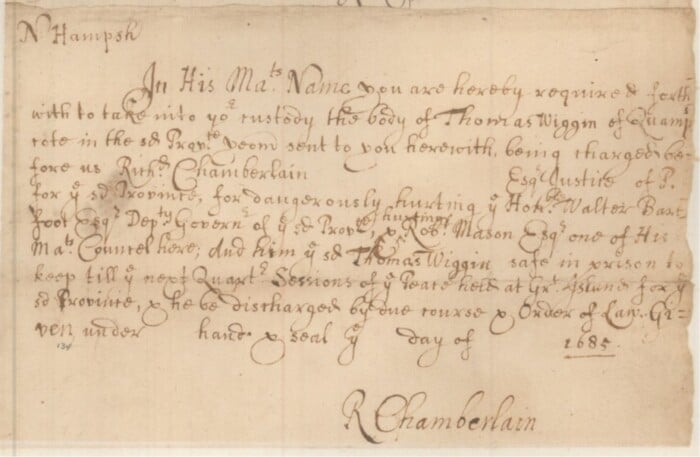 Warrant For Arrest Of Thomas Wiggin