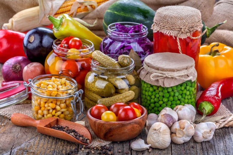 Several Kinds Of Healthy Domestic Canned Vegetables In Jars