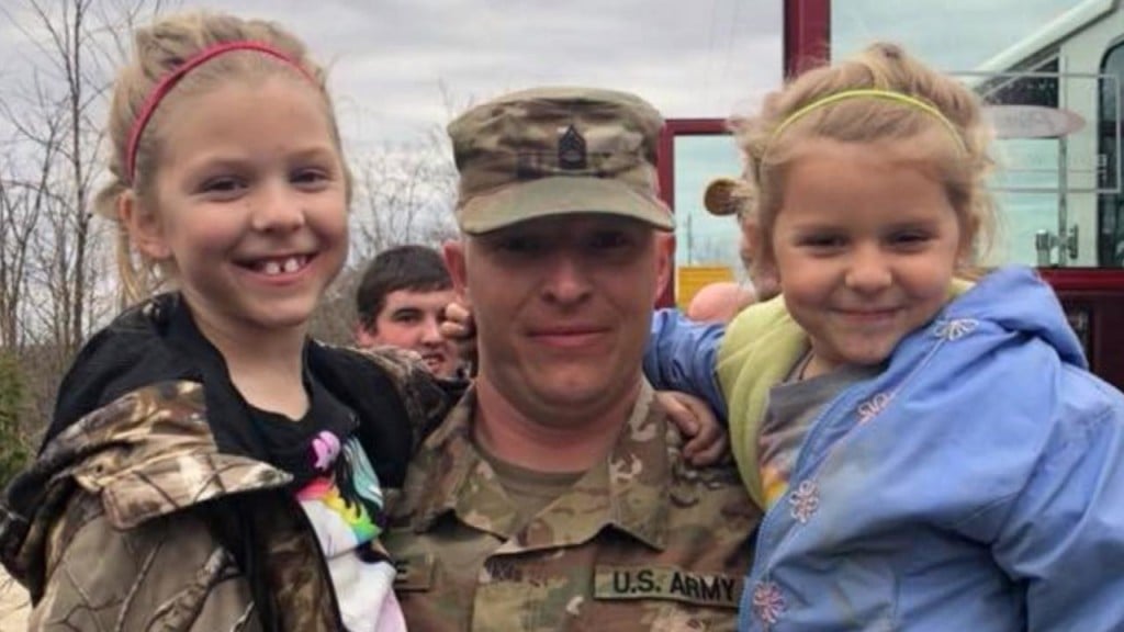 Military dad dresses as firefighter in surprise reunion with daughters