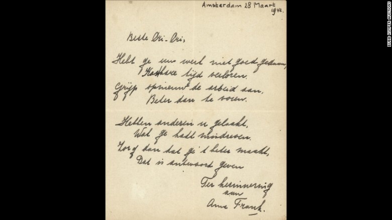 Rare handwritten Anne Frank poem smashes auction estimate