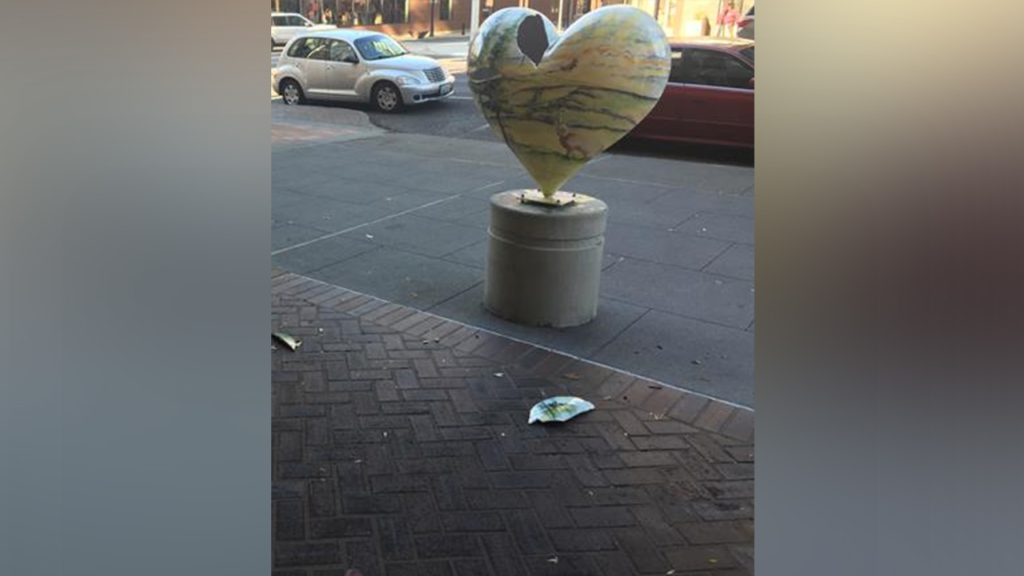 Another heart sculpture vandalized in downtown Spokane, suspect arrested
