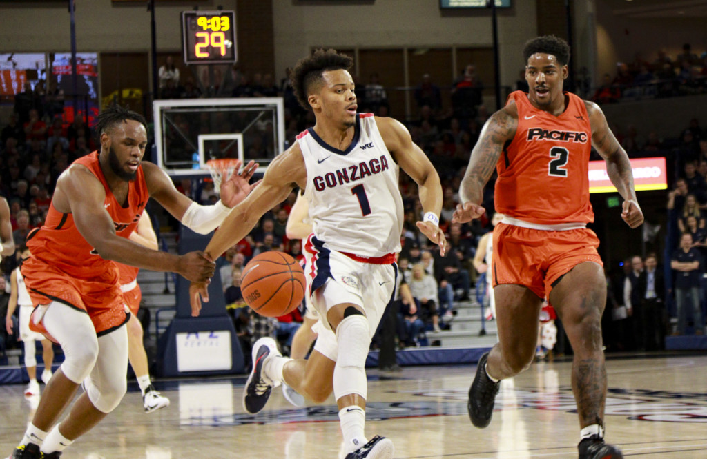 Pacific finds that the only way to stop Gonzaga's Admon Gilder is to grab him by the wrist.