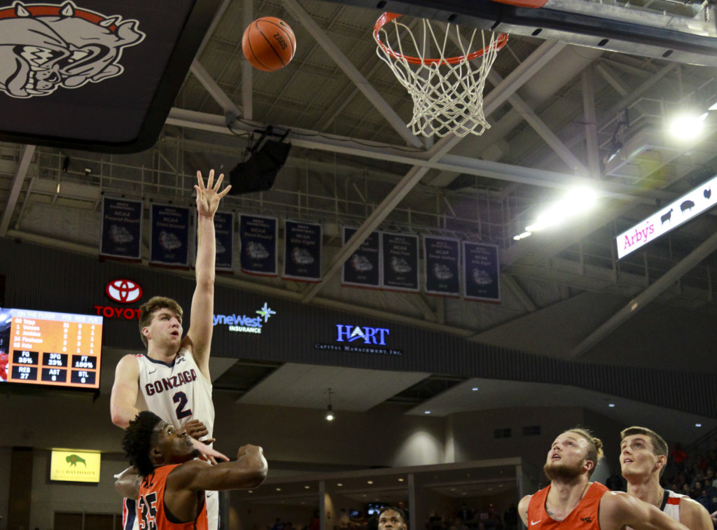Gonzaga's Drew Timme rises above the crowd against Pacific.