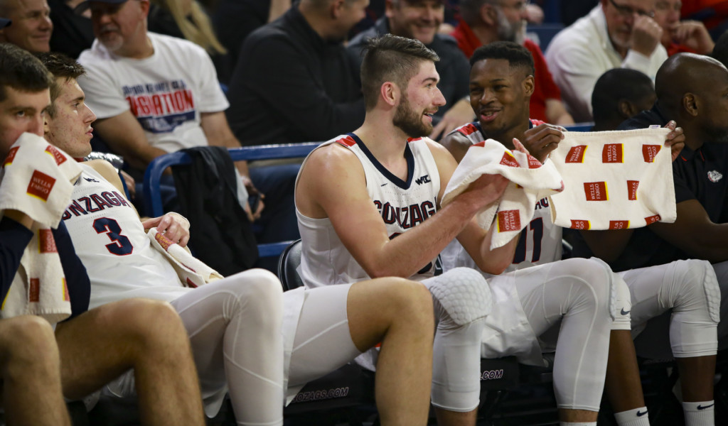 Gonzaga starters Filip Petrusev (3), Killian Tillie and Joel Ayayi (11) feeling pretty good about the game against Pacific.