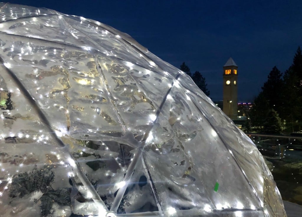 An outdoor igloo at the Davenport Grand with a fantastic view of Riverfront Park