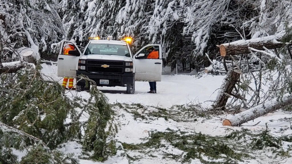 WSDOTcrews pick up fallen trees along State Rout 206 near Mt. Spokane