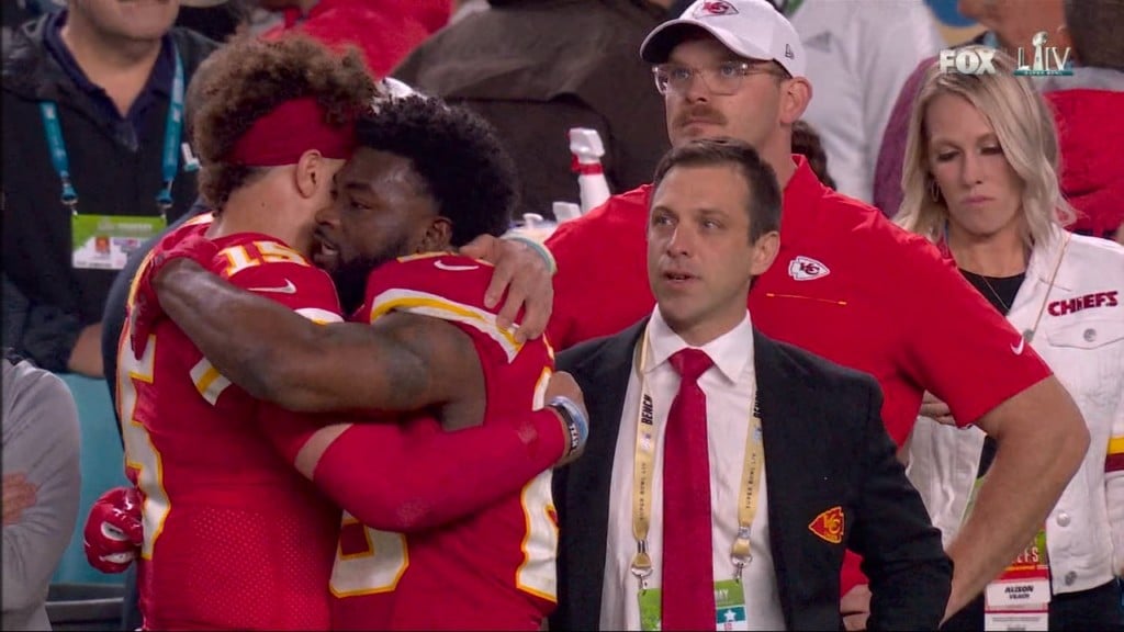 Patrick Mahomes embraces Damien Williams as the Kansas City Chiefs win Super Bowl LIV