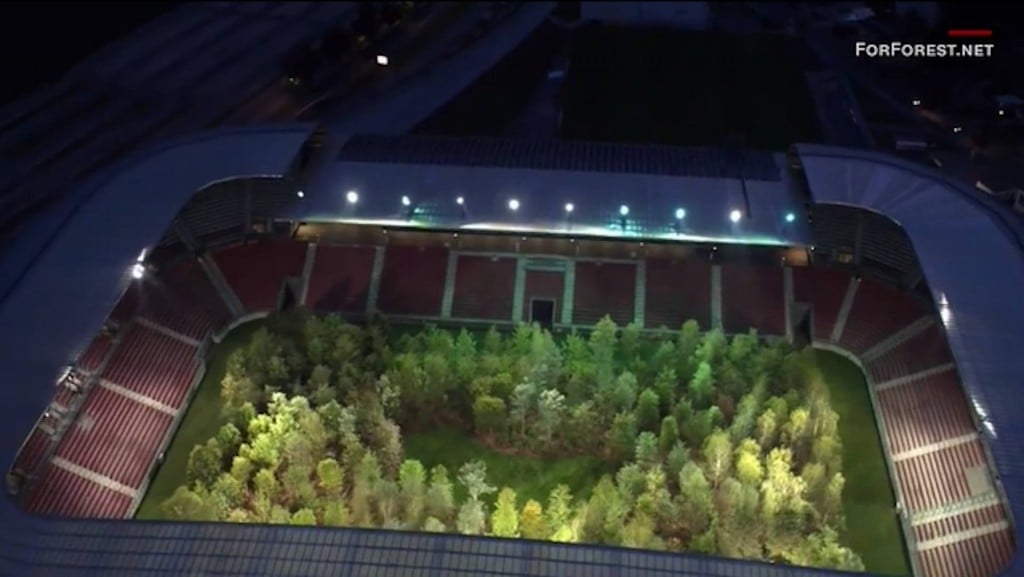 Soccer stadium transformed into lush forest