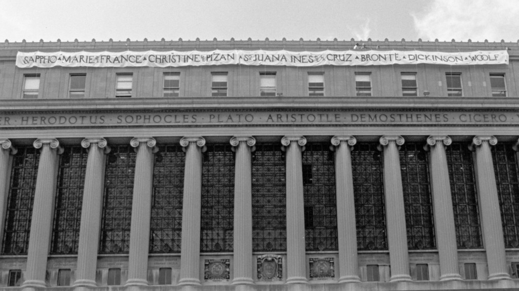 Banner on Columbia University library promotes female authors