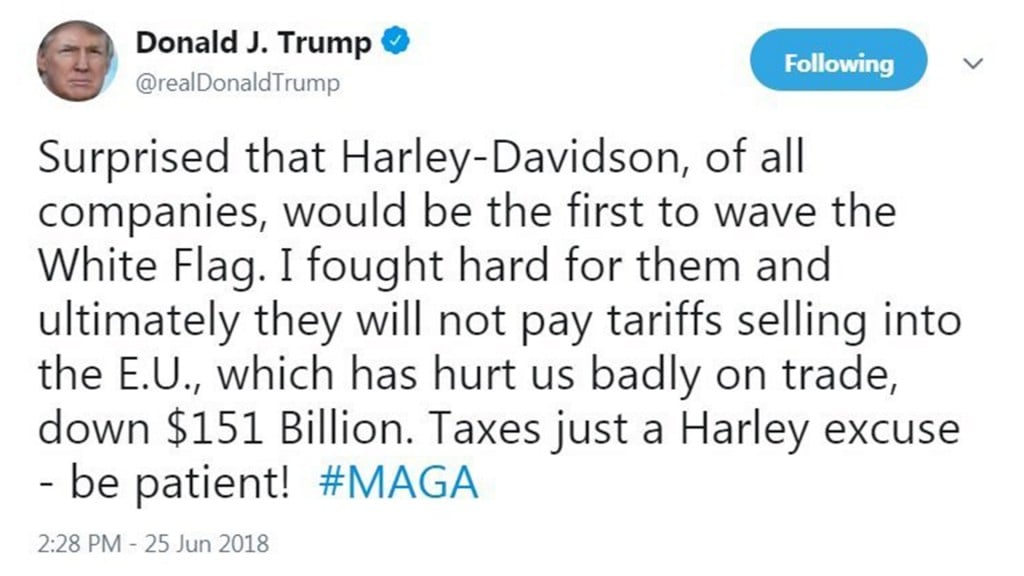 Trump accuses Harley-Davidson of waving ‘white flag’
