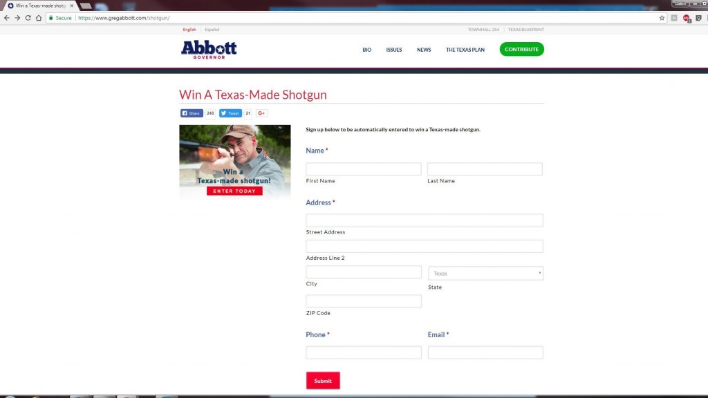 Texas governor’s website continues to tout shotgun giveaway