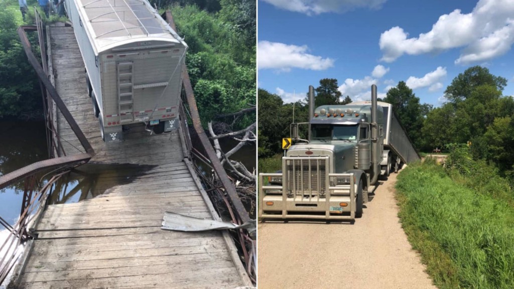 Historic bridge collapses under trailer carrying 42 tons of beans