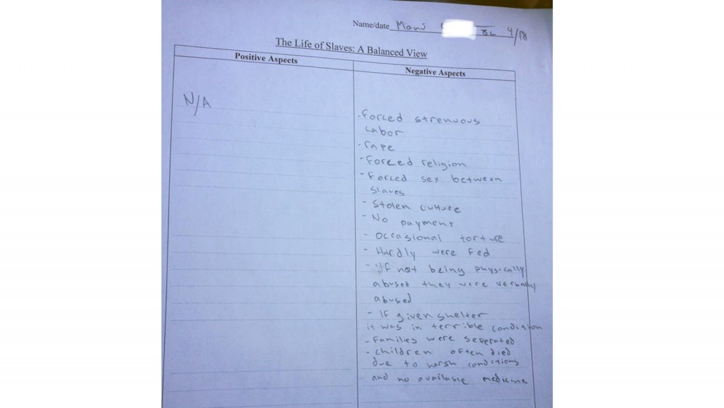 Homework assignment asks students to list positive aspects of slavery