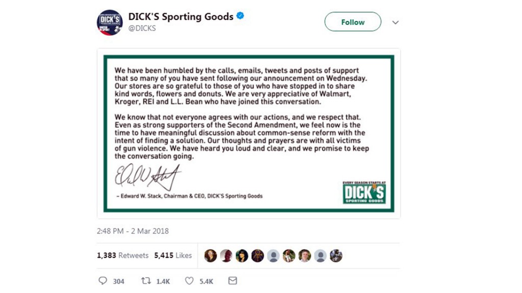 Dick’s Sporting Goods expected ‘backlash’ but got flowers instead
