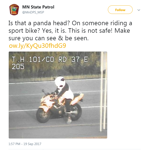 Panda-suited biker ticketed in Minnesota