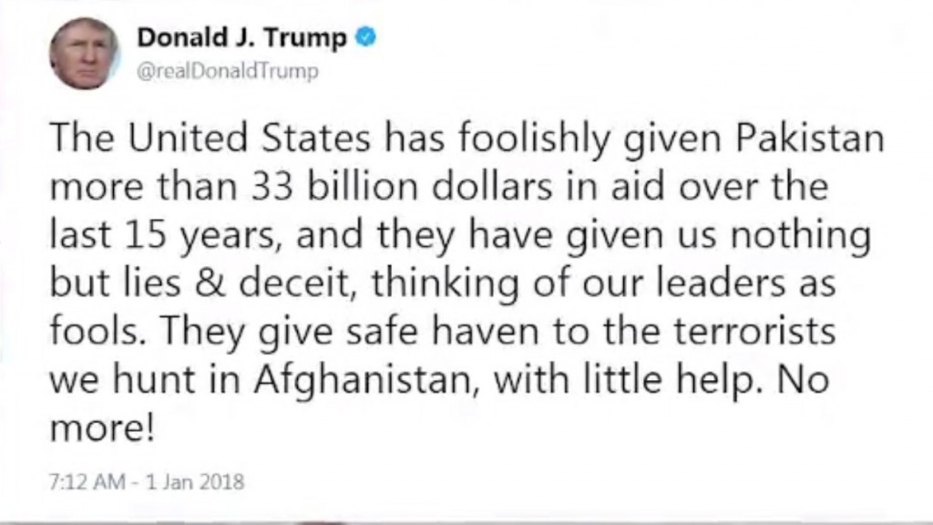 Trump’s first 2018 tweet: Pakistan ‘given us nothing but lies’