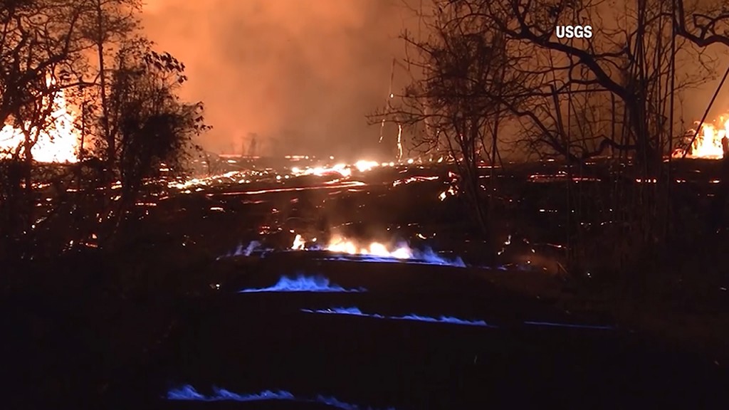 Blue flames join the lava light show in Hawaii