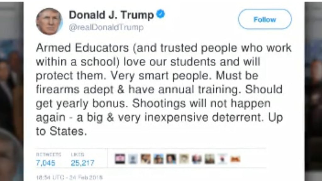 Trump tweets support for arming teachers, says ‘up to states’