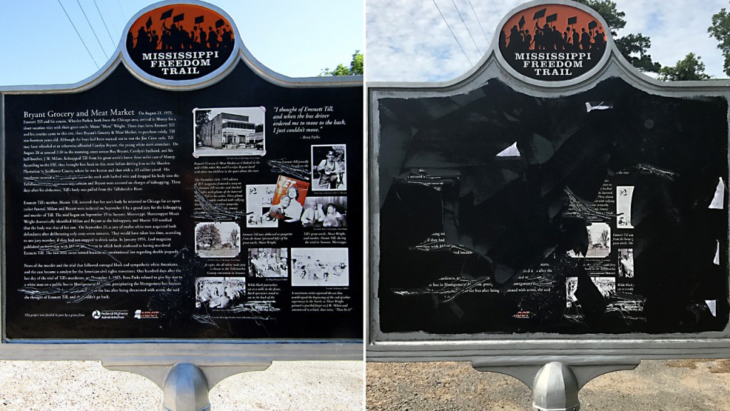 Mississippi Emmett Till memorial sign protected by bulletproof glass