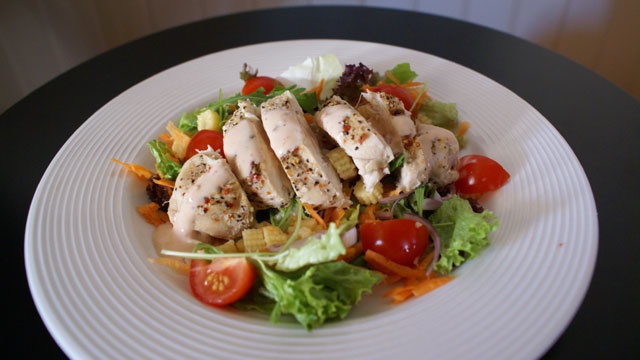 Grilled chicken and pear salad with hazelnut vinaigrette