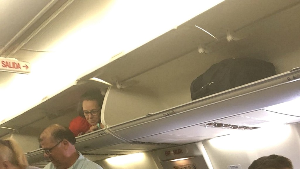 Flight attendant greets passengers from inside overhead bin