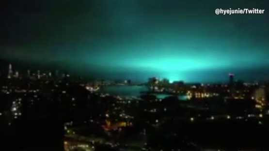 Transformer explosion turns New York City skyline blue