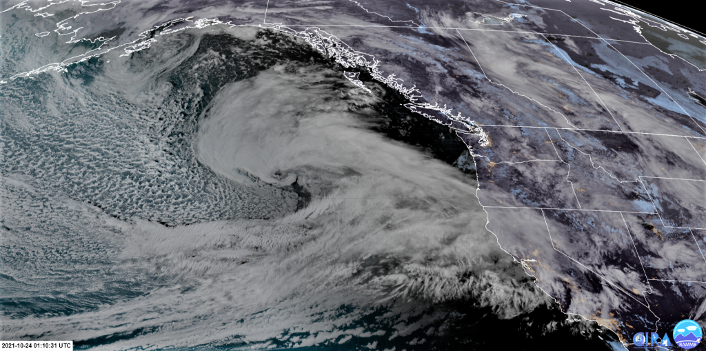 Satellite view of a developing storm off of the U.S. West Coast 10-23-21