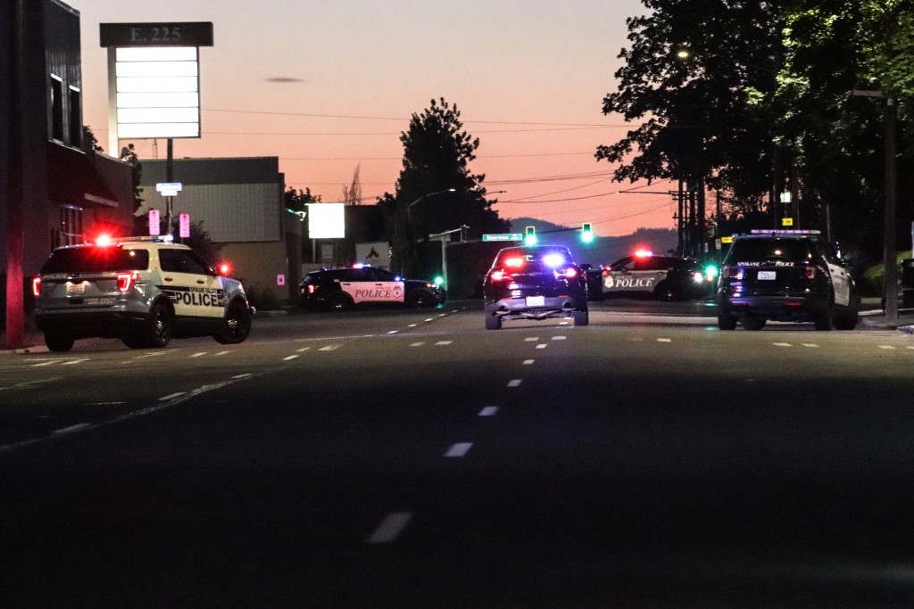 Spokane Police cars block an area of downtown Spoknae