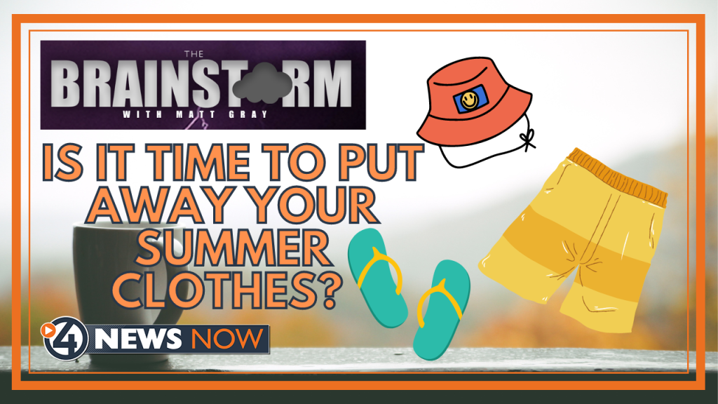 video title card: is it time to put your summer clothes away? Chilly weather background with shorts, flip flops and a sun hat
