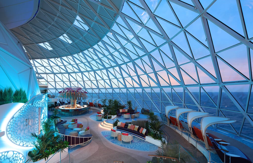 Floor-to-ceiling windows abound on Icon of the Seas. Enjoy wraparound views in The Overlook at AquaDome, where you'll find the secluded Overlook Pods.