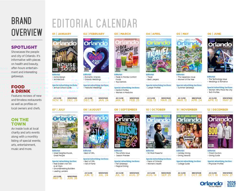 2026 Editorial Calendar listing major editorial features and focuses, along with important deadlines.