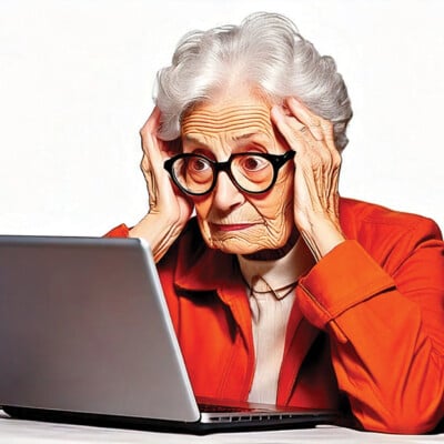 Firefly Cartoony Illustration Of A Female Senior Overwhelmed By Technology Over White Background W