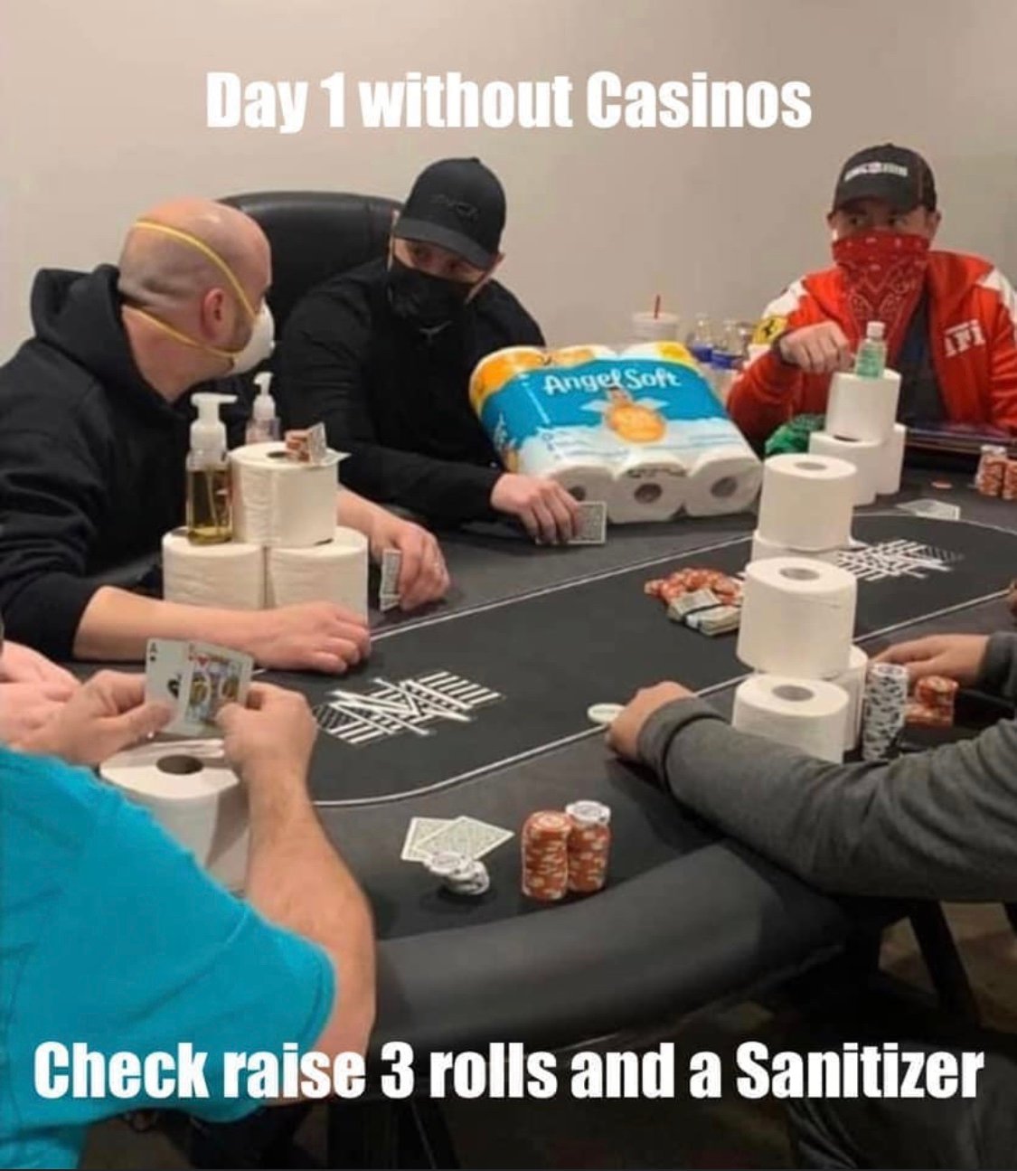 Masked people sitting around a table betting over toilet paper rolls