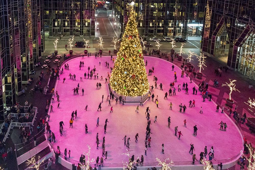 The Rink At Ppg Place Overhead With Tree And Skaters