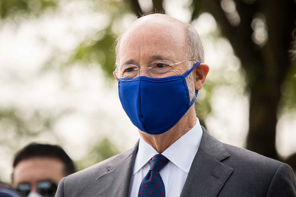 Governor Tom Wolf Outside Wearing A Blue Mask