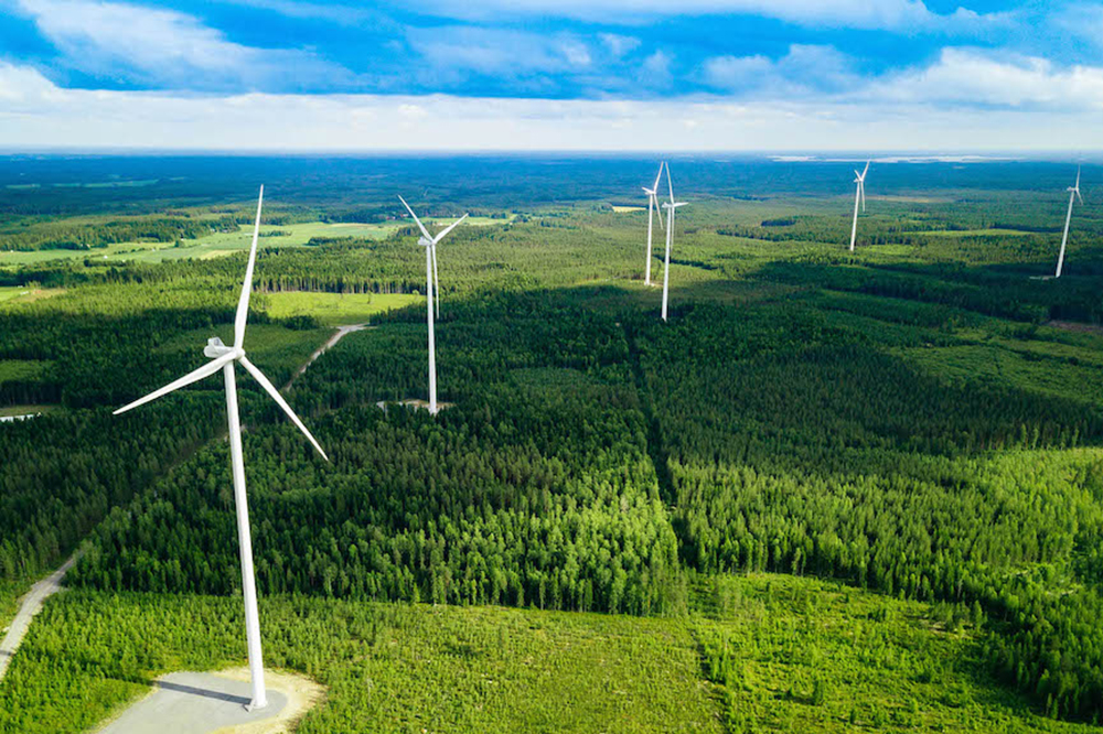 Aerial View Of Windmills In Summer Forest In Finland. Wind Turbines For Electric Power With Clean And Renewable Energy