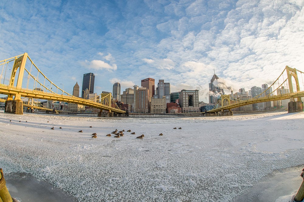 Fisheye View Of Skyline Ice On The Allegheny River Pittsburgh Winter